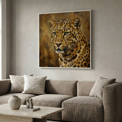 Close-Up Leopard Portrait Canvas Wall Art, Square in white floating frame