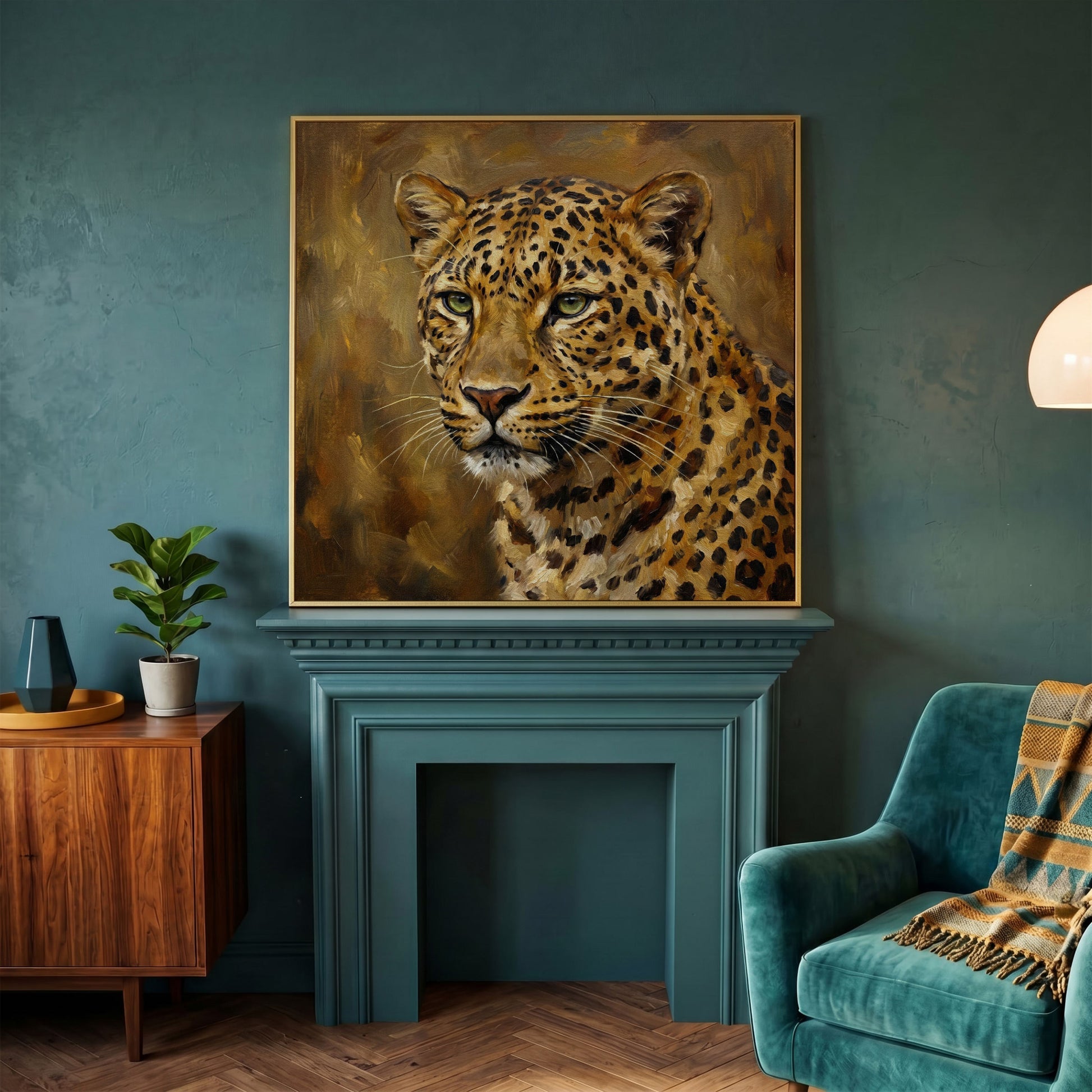 Close-Up Leopard Portrait Canvas Wall Art, Square in yellow gold floating frame