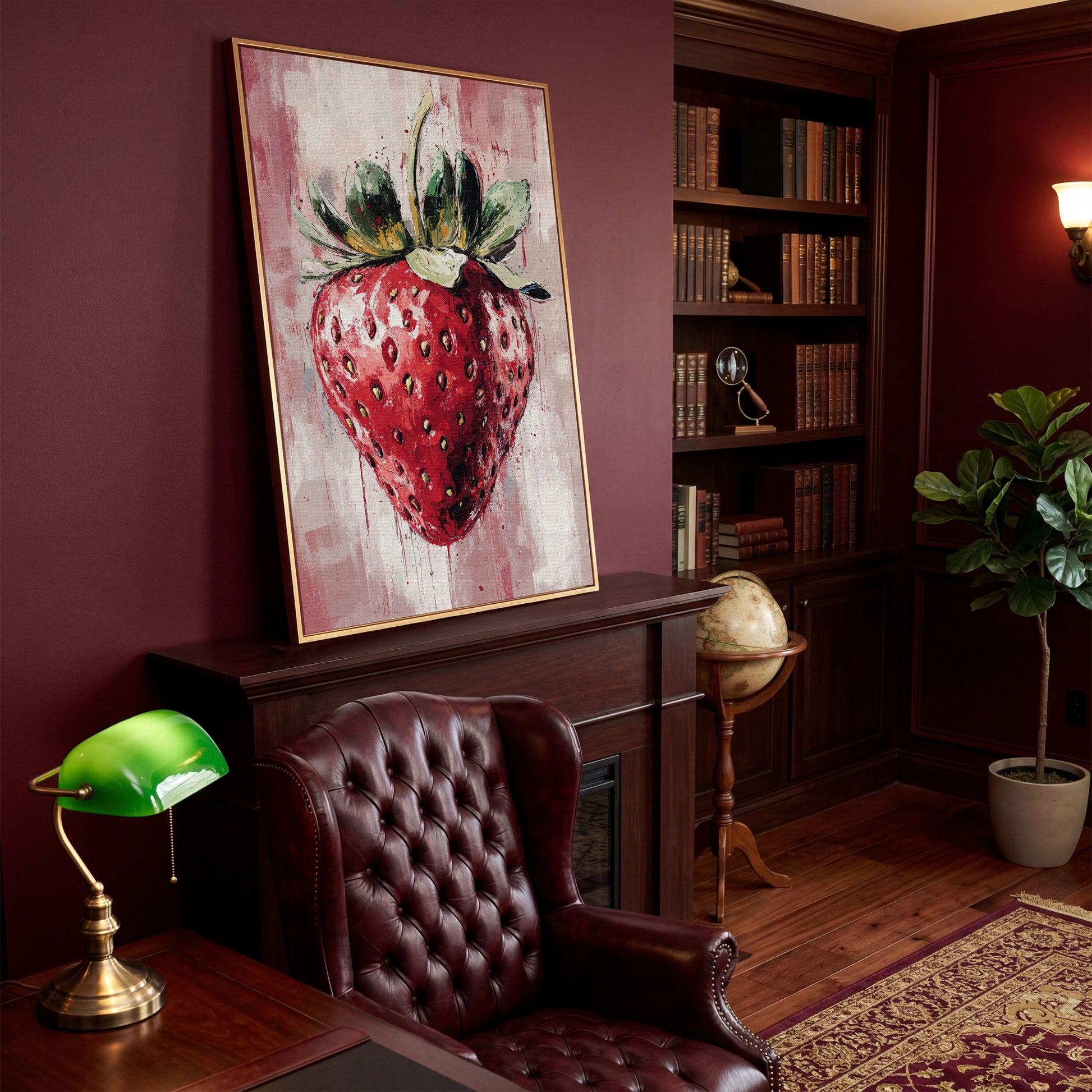 Vibrant Strawberry Canvas Print for Kitchen in antique gold floating frame