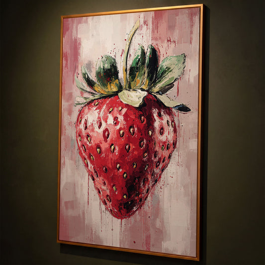 Vibrant Strawberry Canvas Print for Kitchen shown in antique gold floating frame