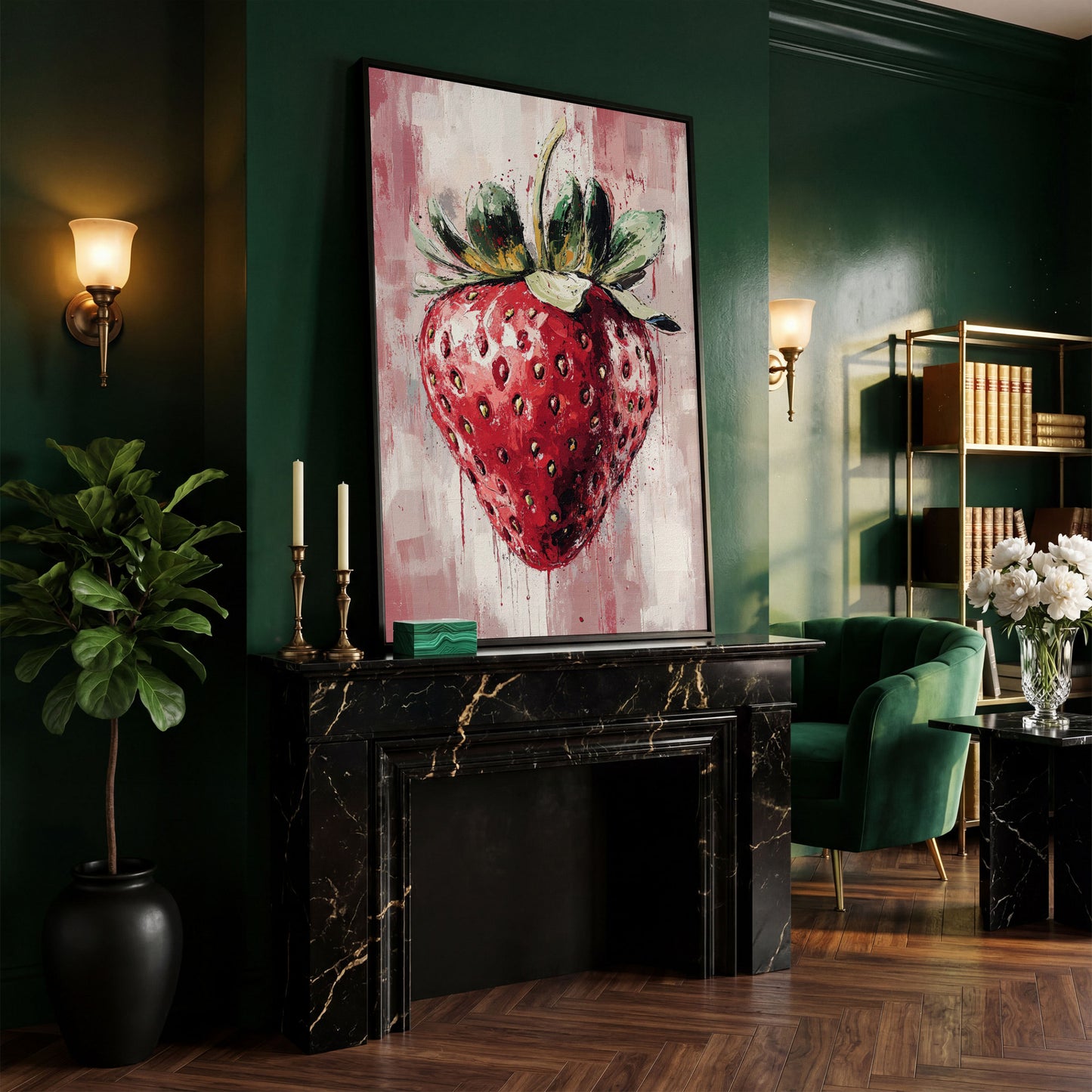 Vibrant Strawberry Canvas Print for Kitchen in black floating frame