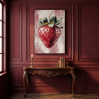 Vibrant Strawberry Canvas Print for Kitchen in dark walnut floating frame