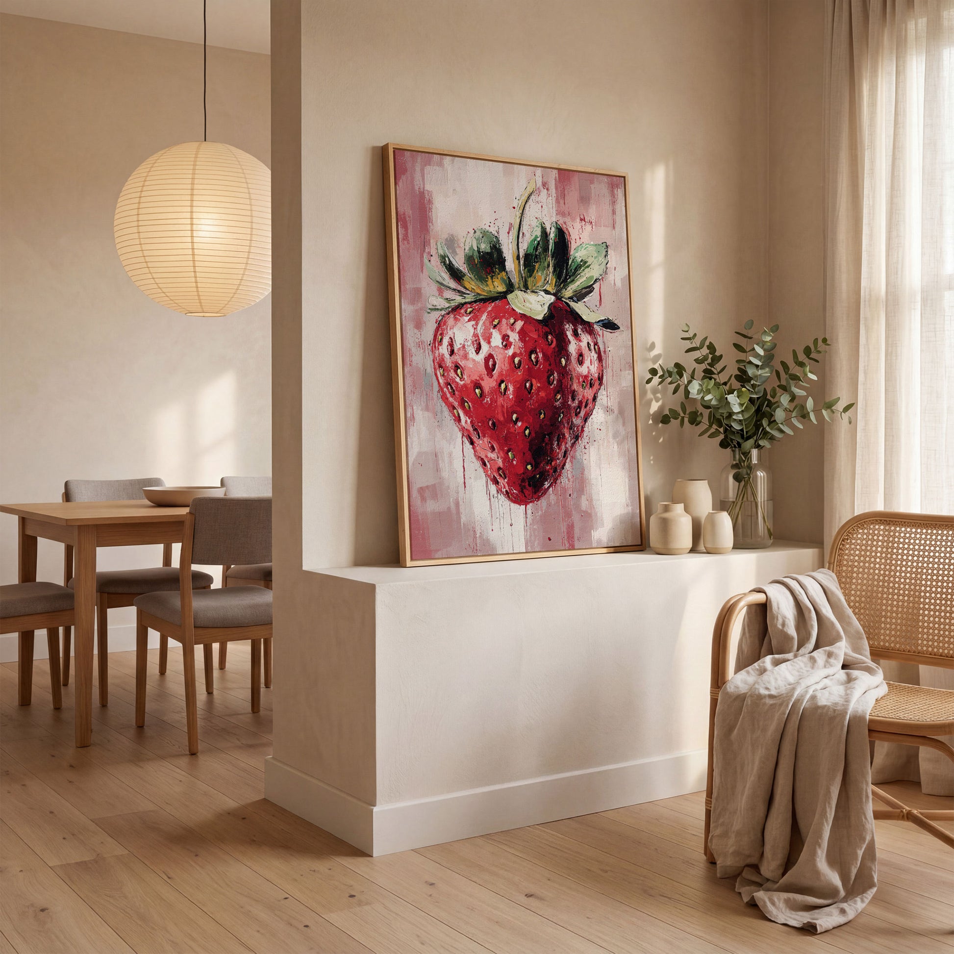 Vibrant Strawberry Canvas Print for Kitchen in white oak floating frame