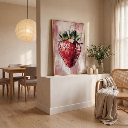 Vibrant Strawberry Canvas Print for Kitchen in white oak floating frame
