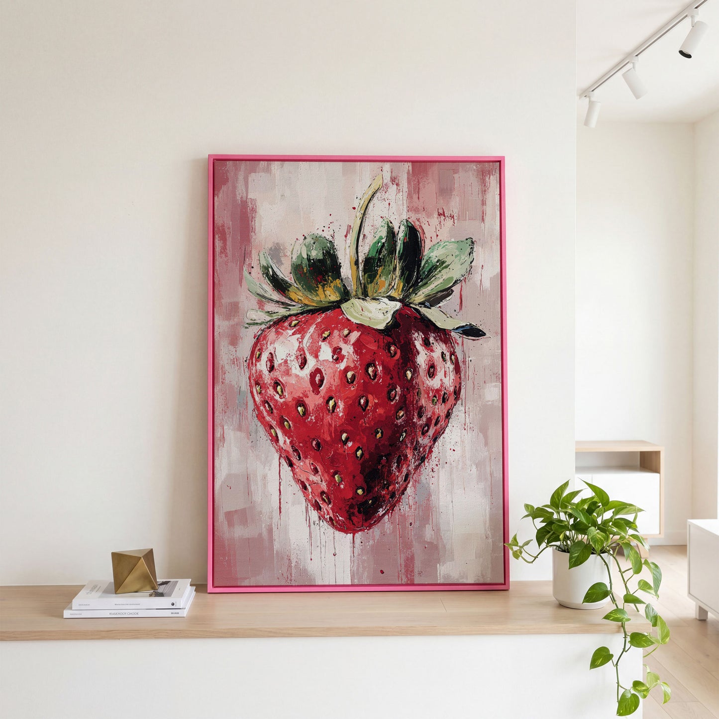 Vibrant Strawberry Canvas Print for Kitchen in pink floating frame