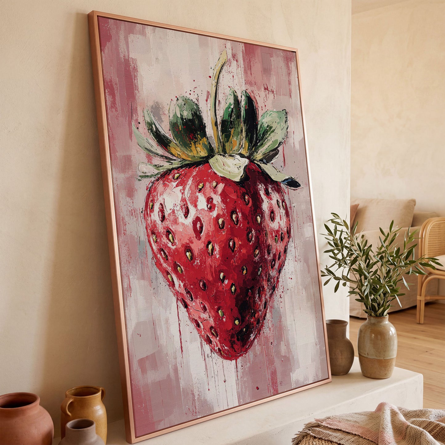 Vibrant Strawberry Canvas Print for Kitchen in rose gold floating frame