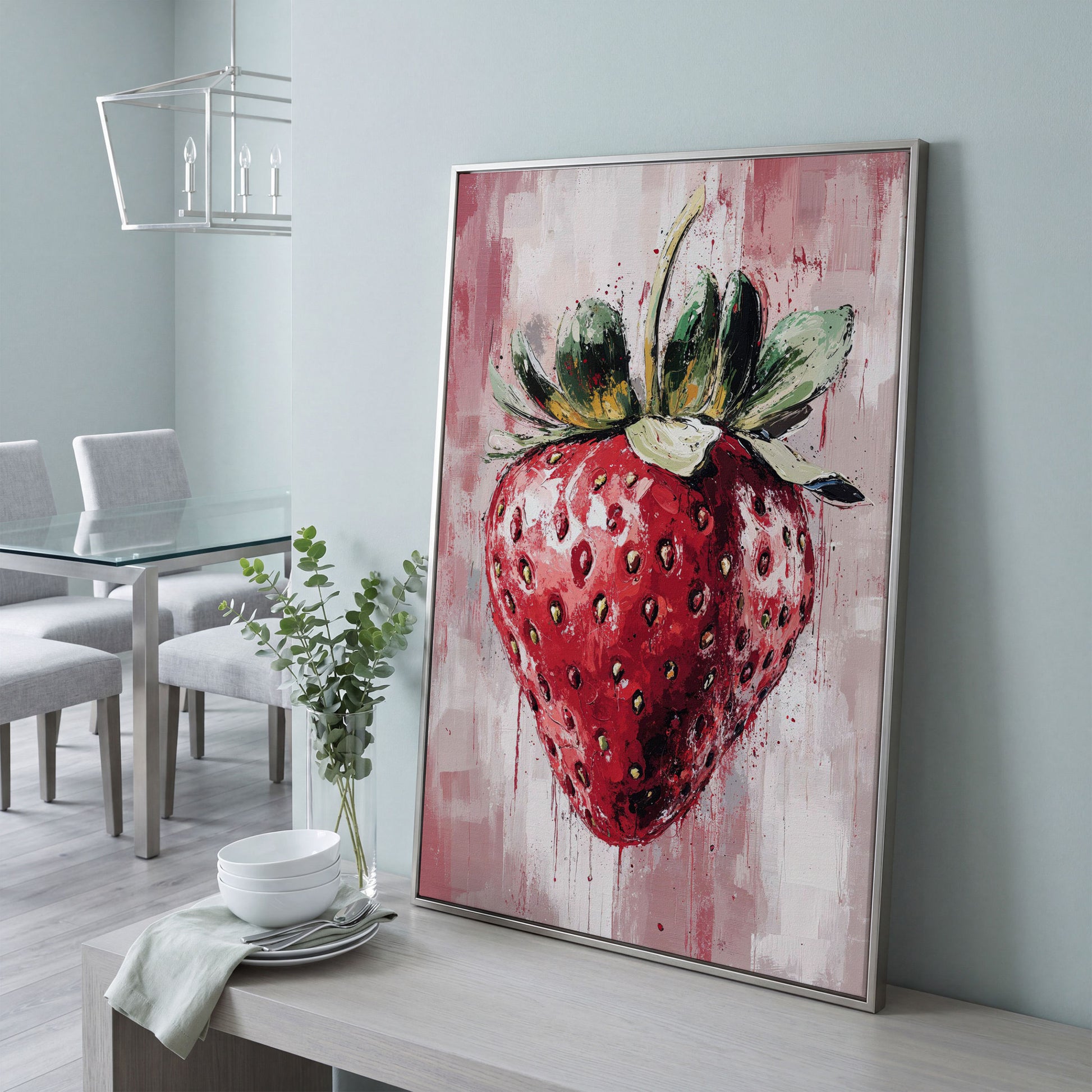 Vibrant Strawberry Canvas Print for Kitchen in silver floating frame