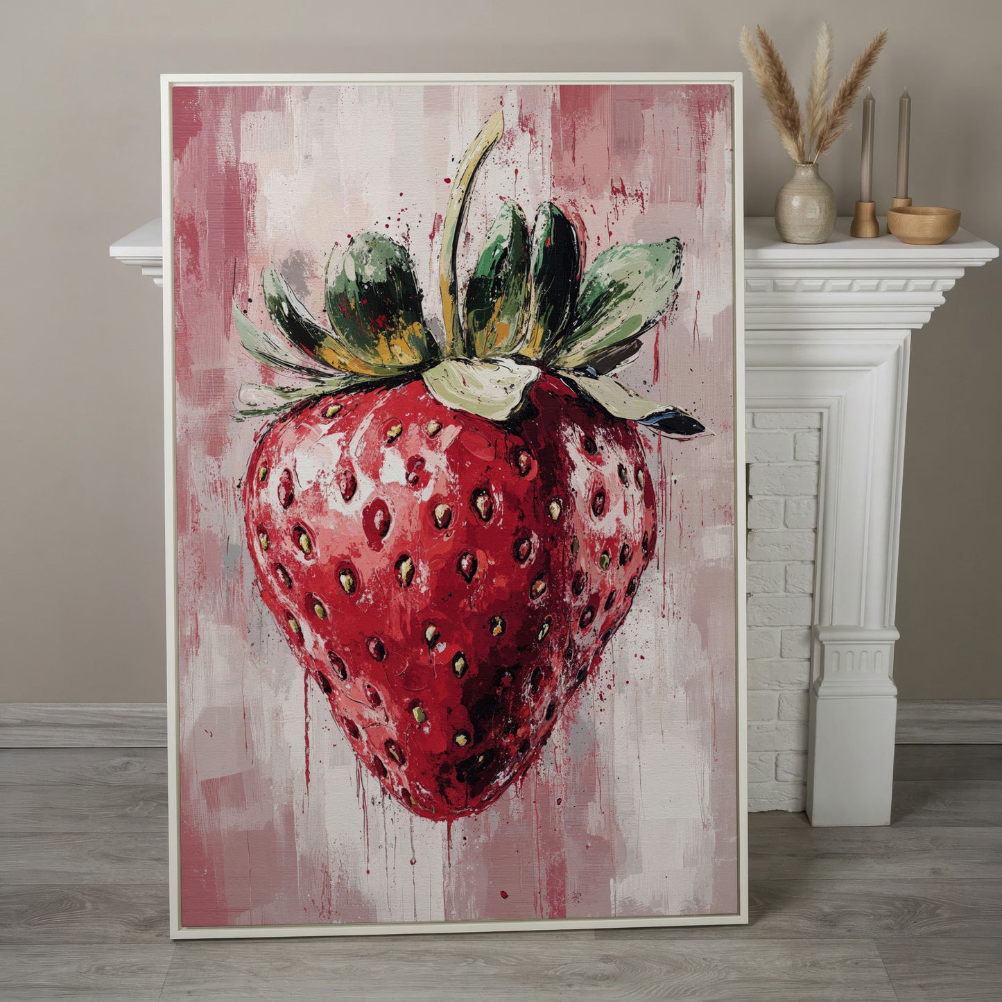 Vibrant Strawberry Canvas Print for Kitchen in white floating frame