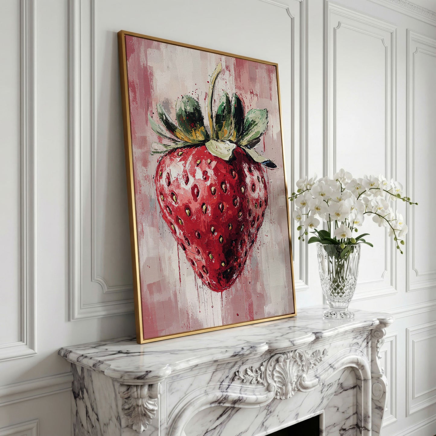 Vibrant Strawberry Canvas Print for Kitchen in yellow gold floating frame
