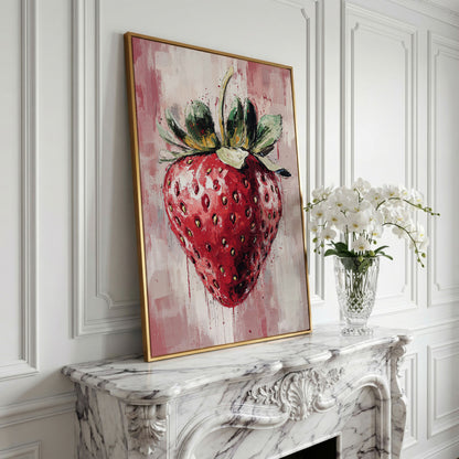 Vibrant Strawberry Canvas Print for Kitchen in yellow gold floating frame