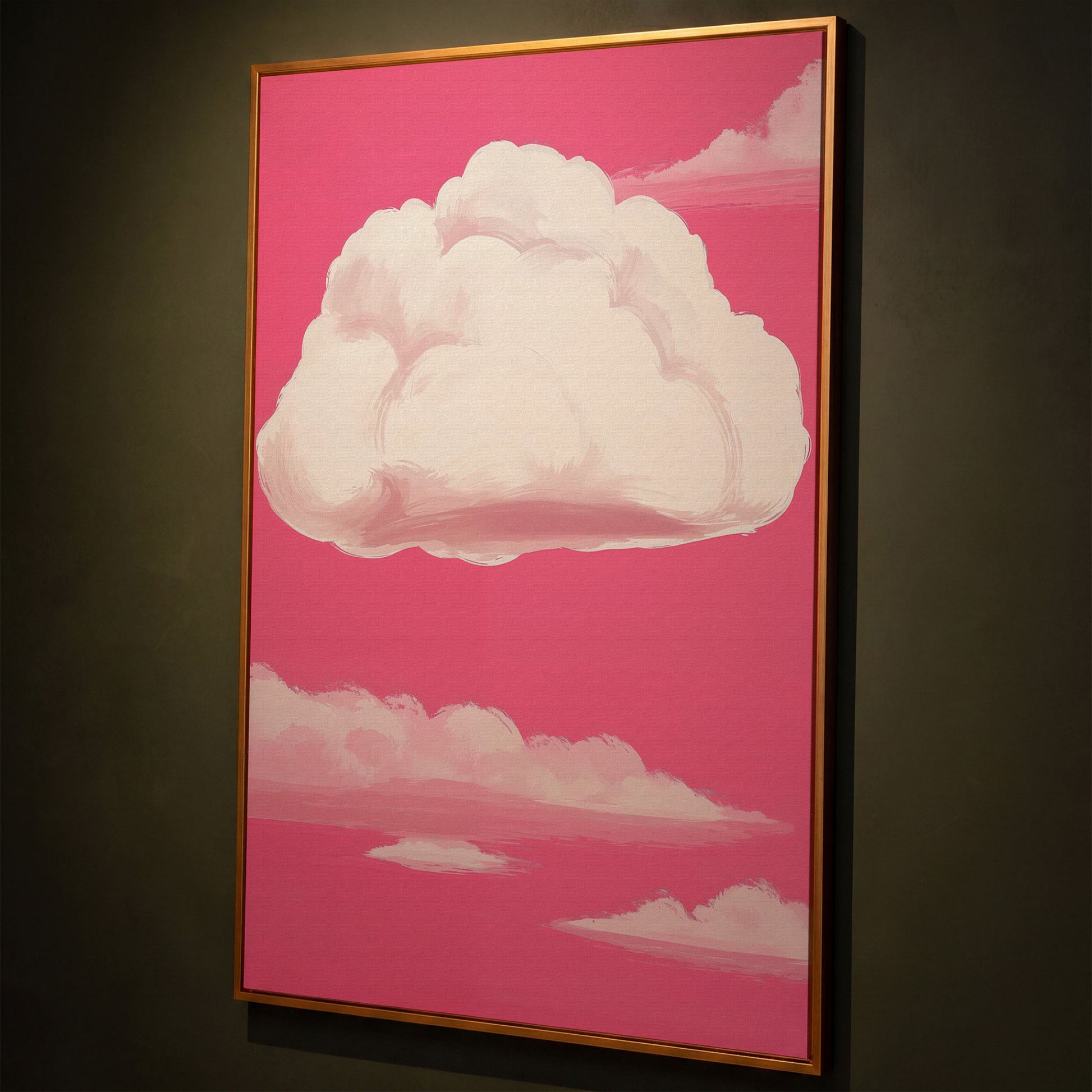 Pink Pastel Sky Canvas with Drifting Clouds shown in antique gold floating frame