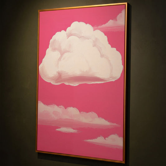 Pink Pastel Sky Canvas with Drifting Clouds shown in antique gold floating frame