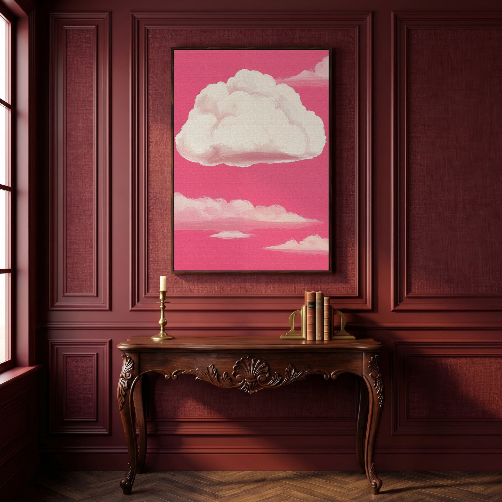 Pink Pastel Sky Canvas with Drifting Clouds in dark walnut floating frame