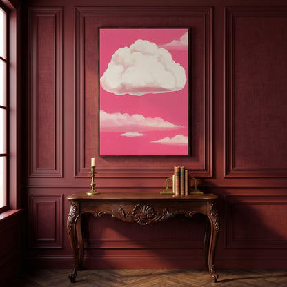 Pink Pastel Sky Canvas with Drifting Clouds in dark walnut floating frame