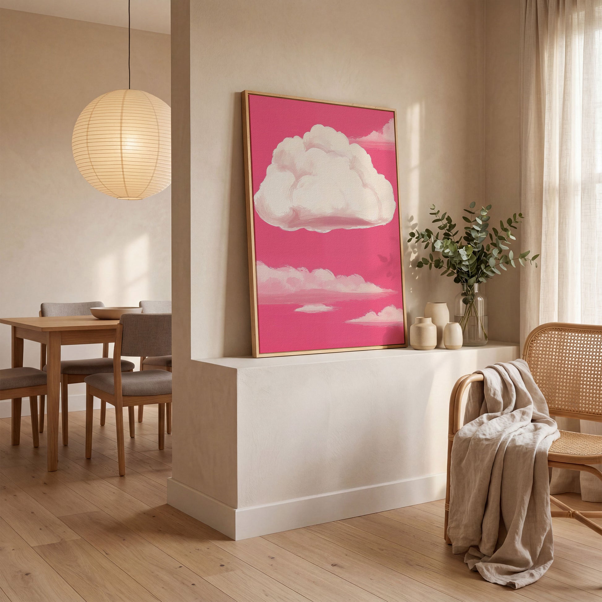 Pink Pastel Sky Canvas with Drifting Clouds in white oak floating frame