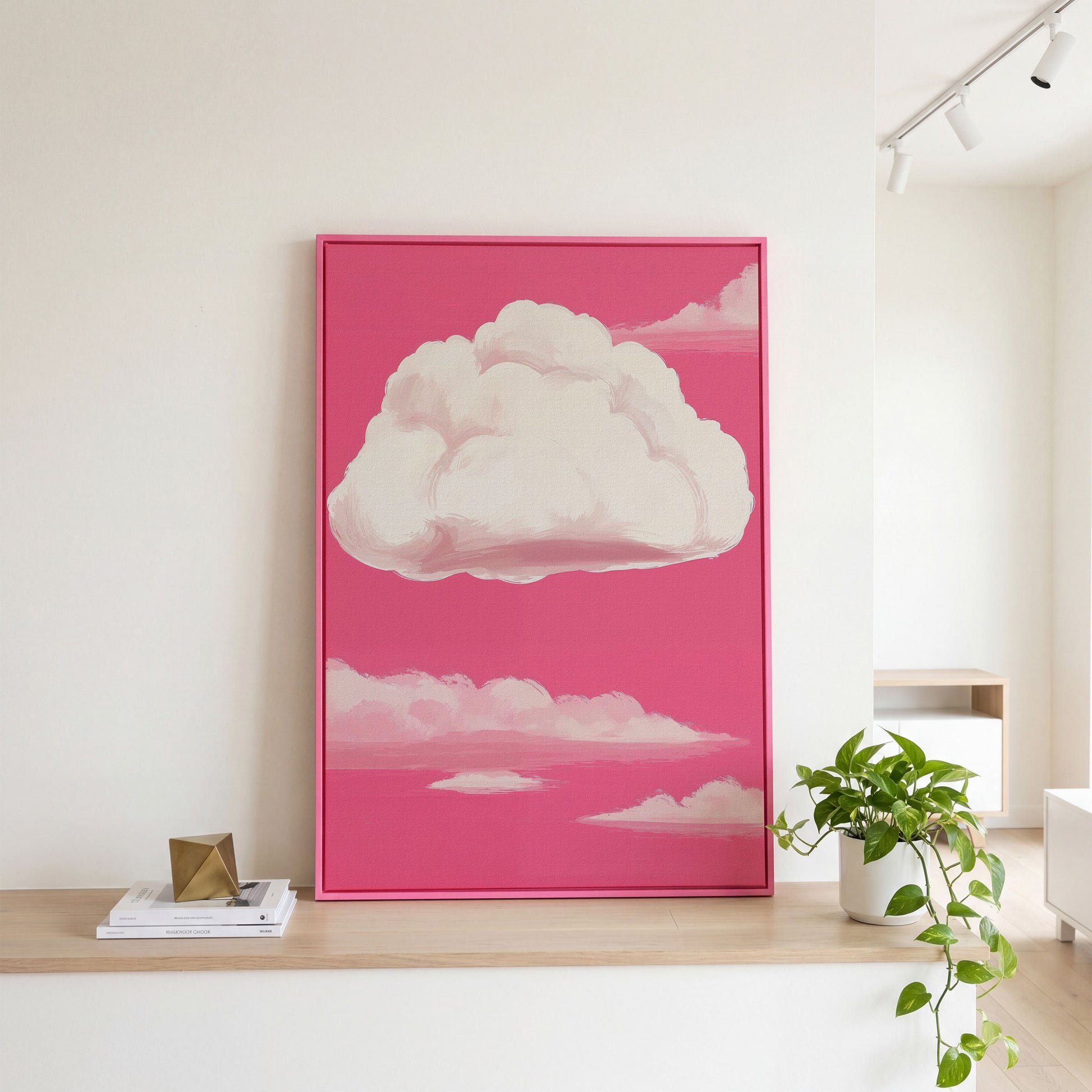 Pink Pastel Sky Canvas with Drifting Clouds in pink floating frame