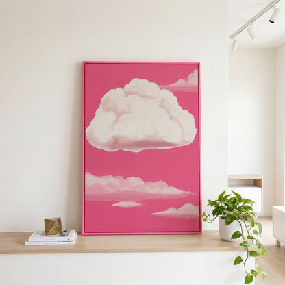 Pink Pastel Sky Canvas with Drifting Clouds in pink floating frame