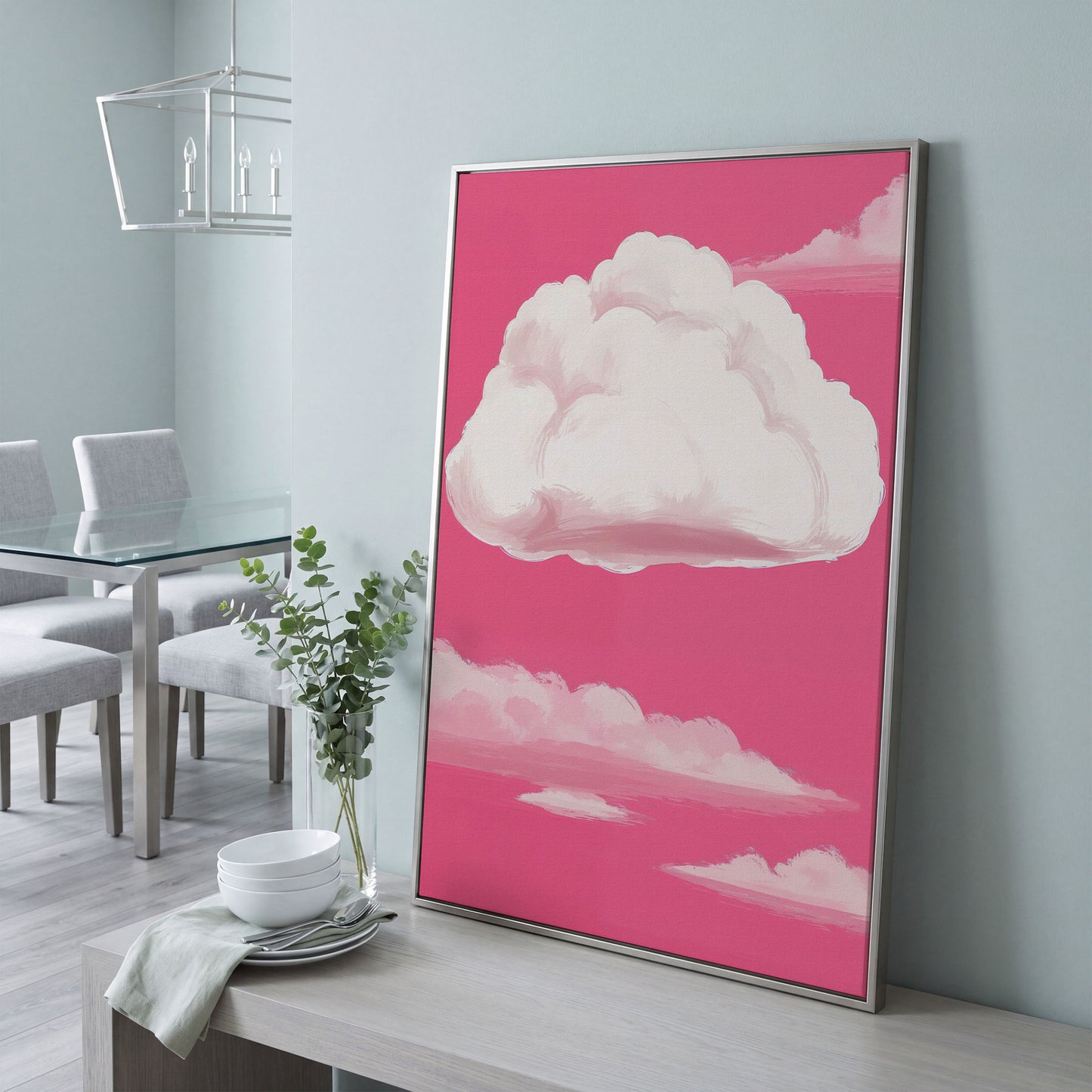 Pink Pastel Sky Canvas with Drifting Clouds in silver floating frame