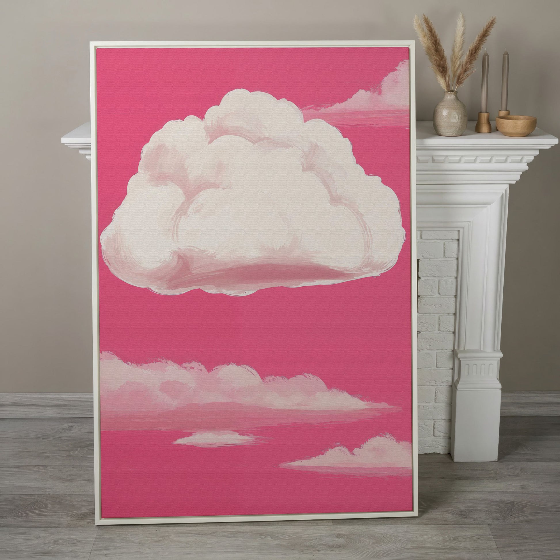 Pink Pastel Sky Canvas with Drifting Clouds in white floating frame