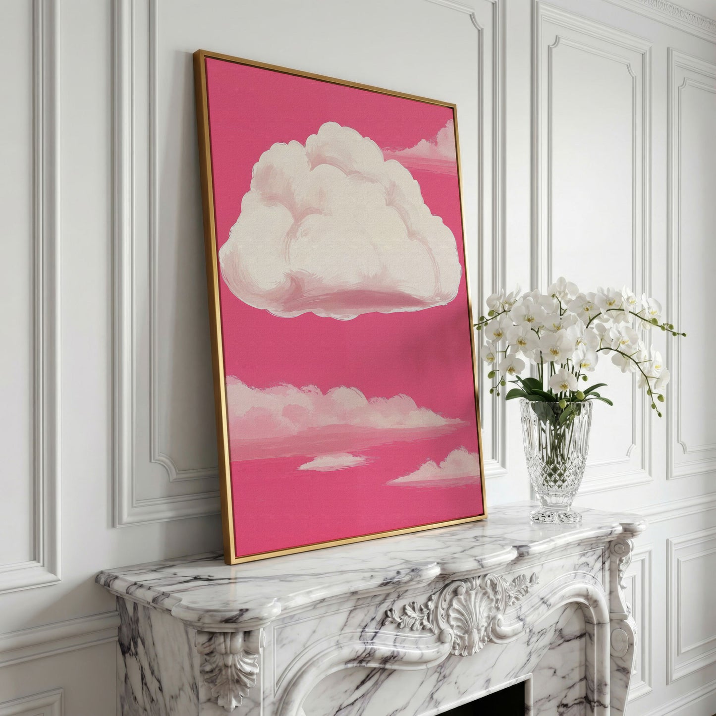 Pink Pastel Sky Canvas with Drifting Clouds in yellow gold floating frame