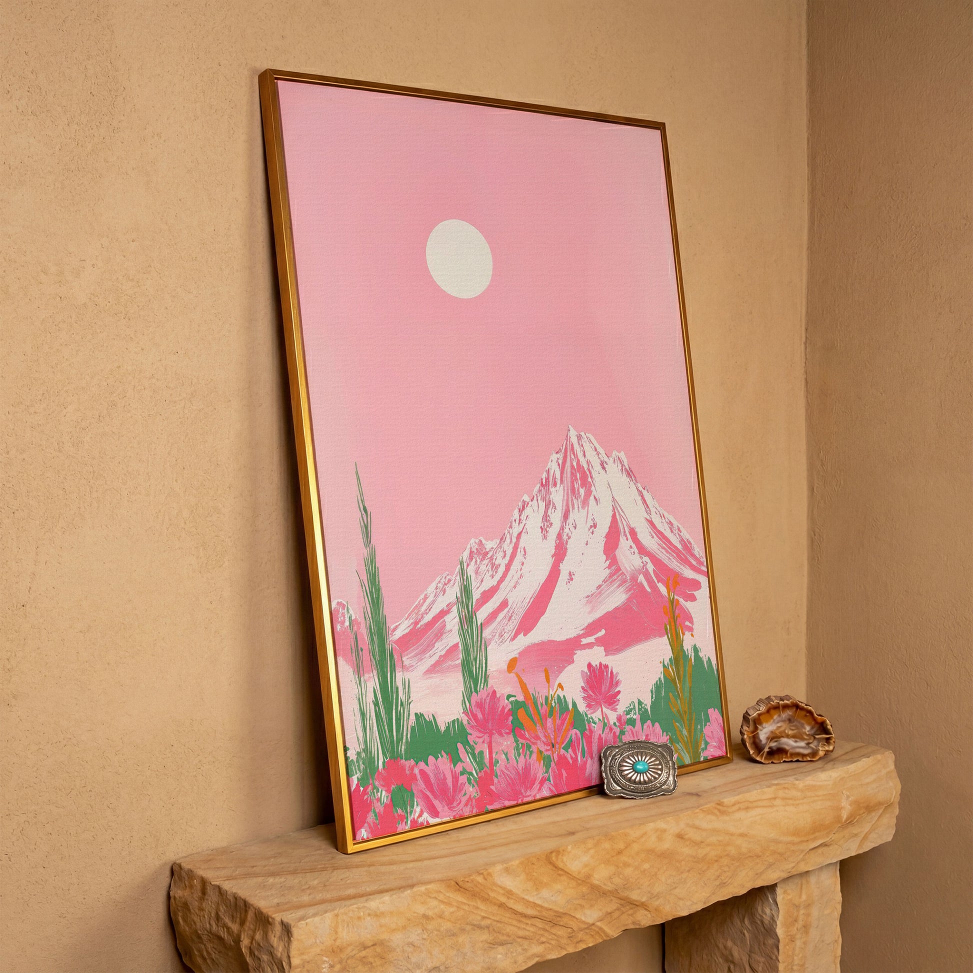 Pink Mountain & Wildflower Landscape Canvas in antique gold floating frame