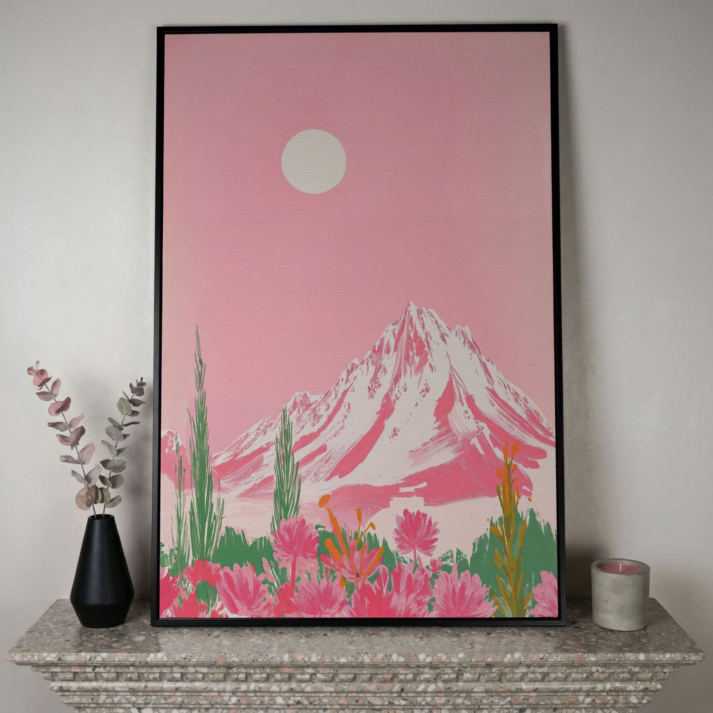 Pink Mountain & Wildflower Landscape Canvas in black floating frame