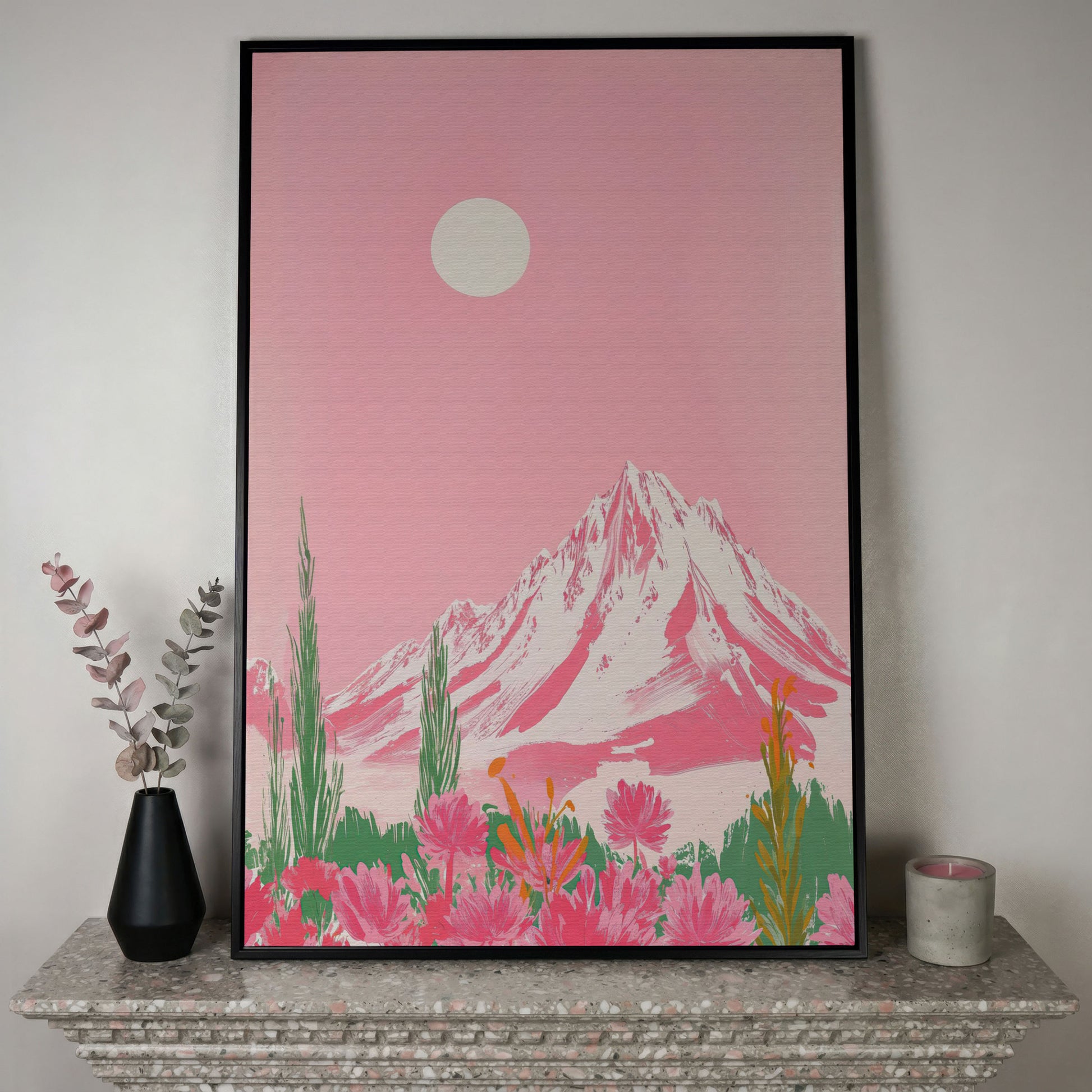 Pink Mountain & Wildflower Landscape Canvas in black floating frame