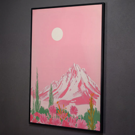 Pink Mountain & Wildflower Landscape Canvas shown in black floating frame