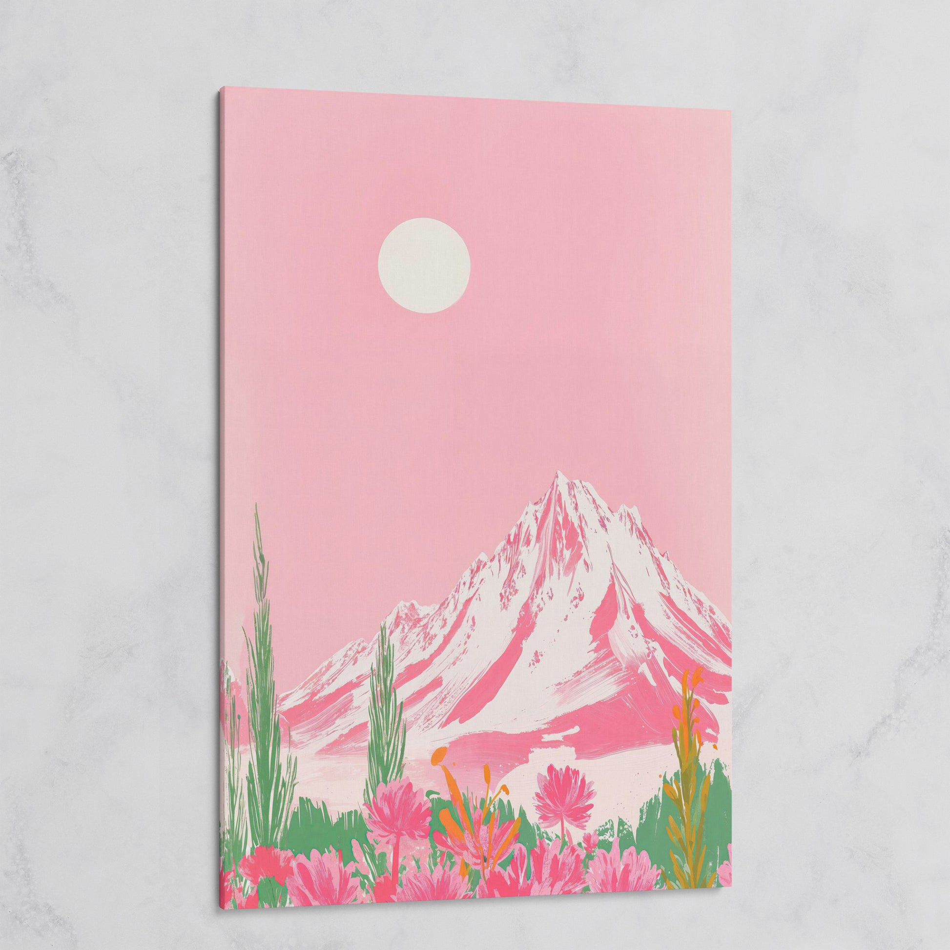 Pink Mountain & Wildflower Landscape Canvas on gallery wrap