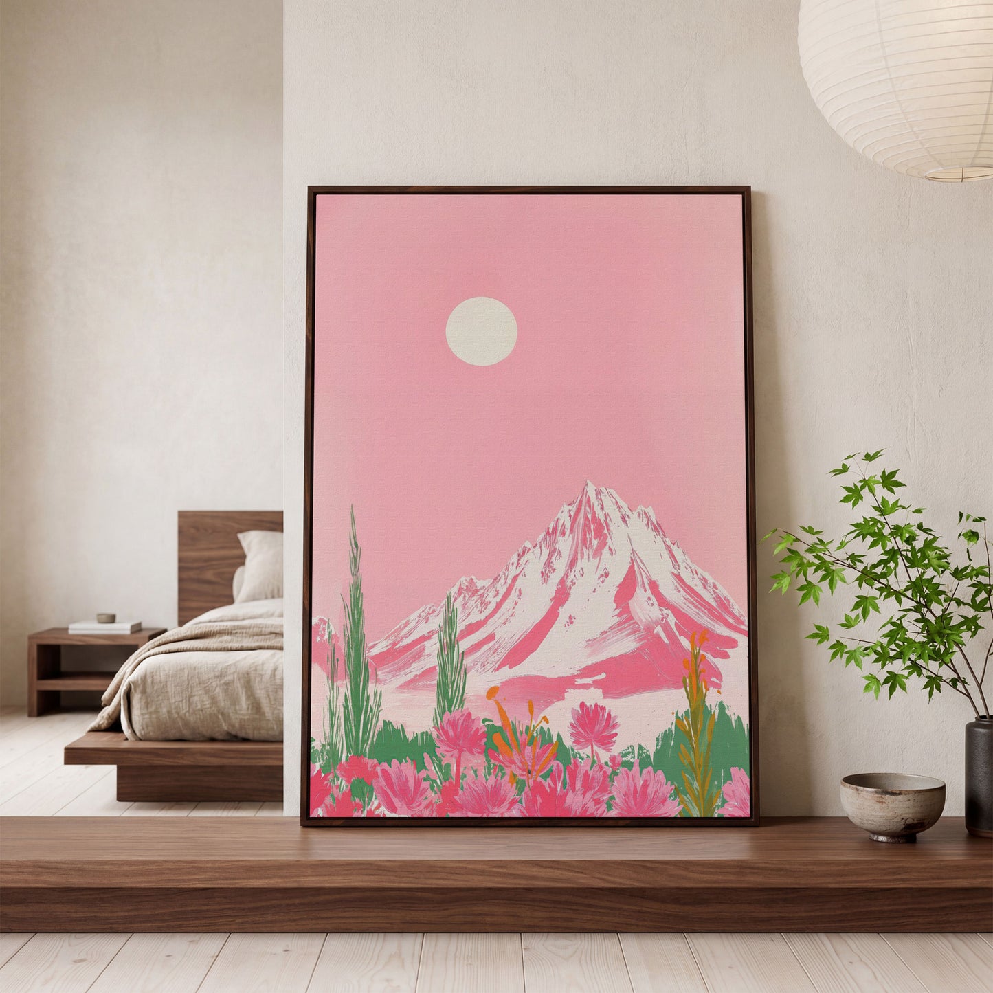 Pink Mountain & Wildflower Landscape Canvas in dark walnut floating frame