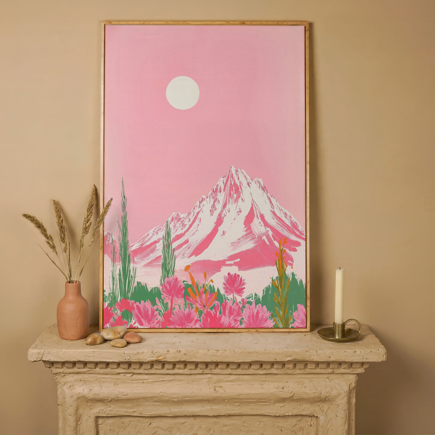 Pink Mountain & Wildflower Landscape Canvas in white oak floating frame