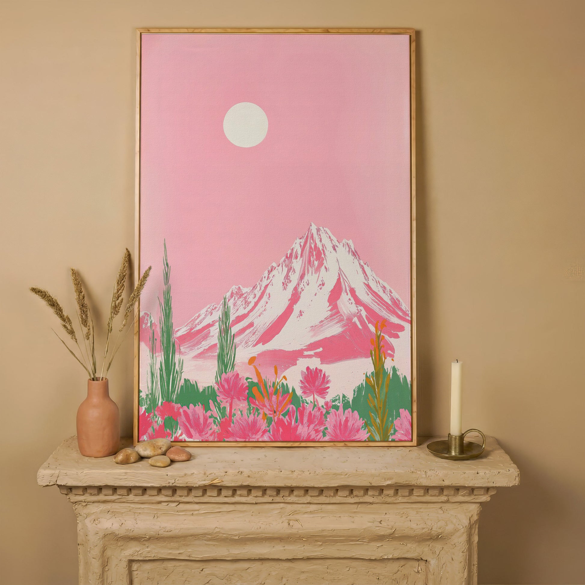 Pink Mountain & Wildflower Landscape Canvas in white oak floating frame