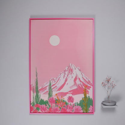 Pink Mountain & Wildflower Landscape Canvas in pink floating frame