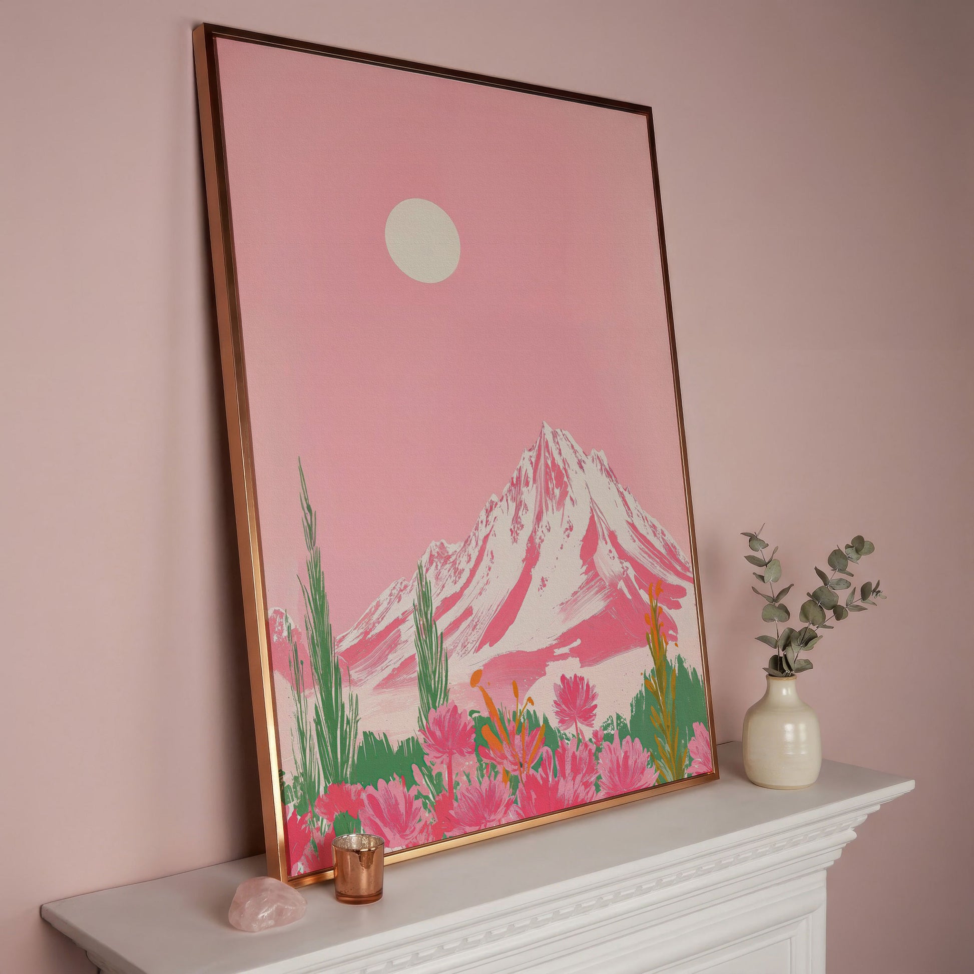 Pink Mountain & Wildflower Landscape Canvas in rose gold floating frame