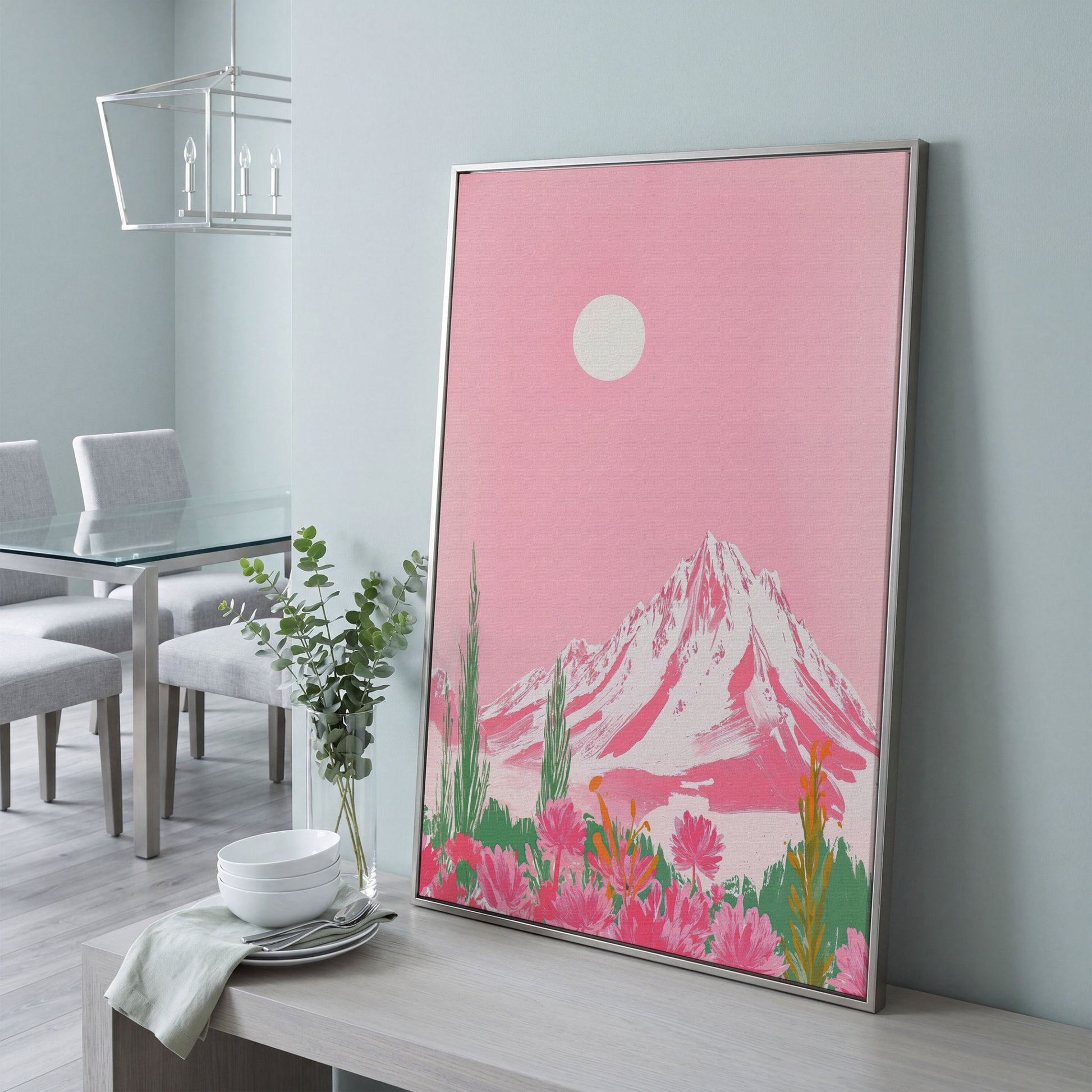 Pink Mountain & Wildflower Landscape Canvas in silver floating frame