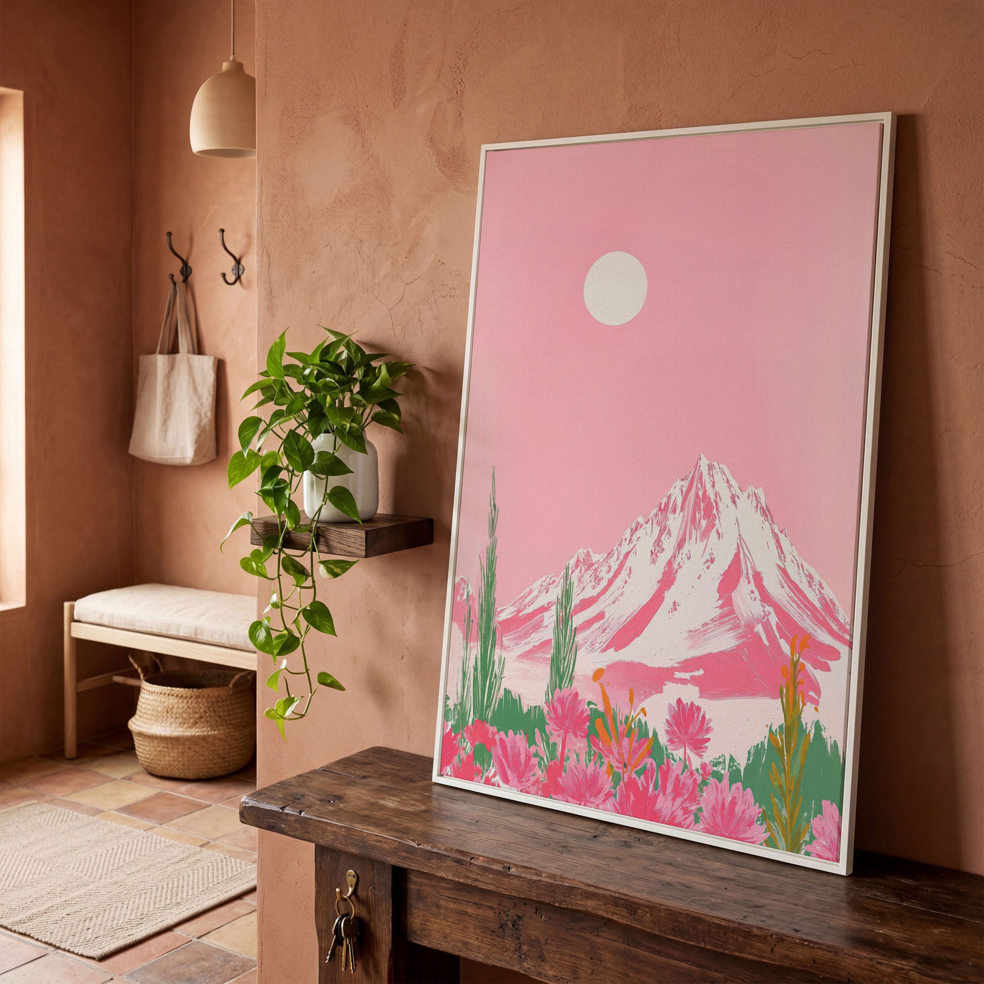 Pink Mountain & Wildflower Landscape Canvas in white floating frame