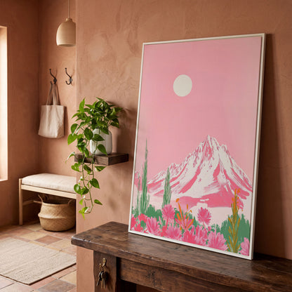 Pink Mountain & Wildflower Landscape Canvas in white floating frame