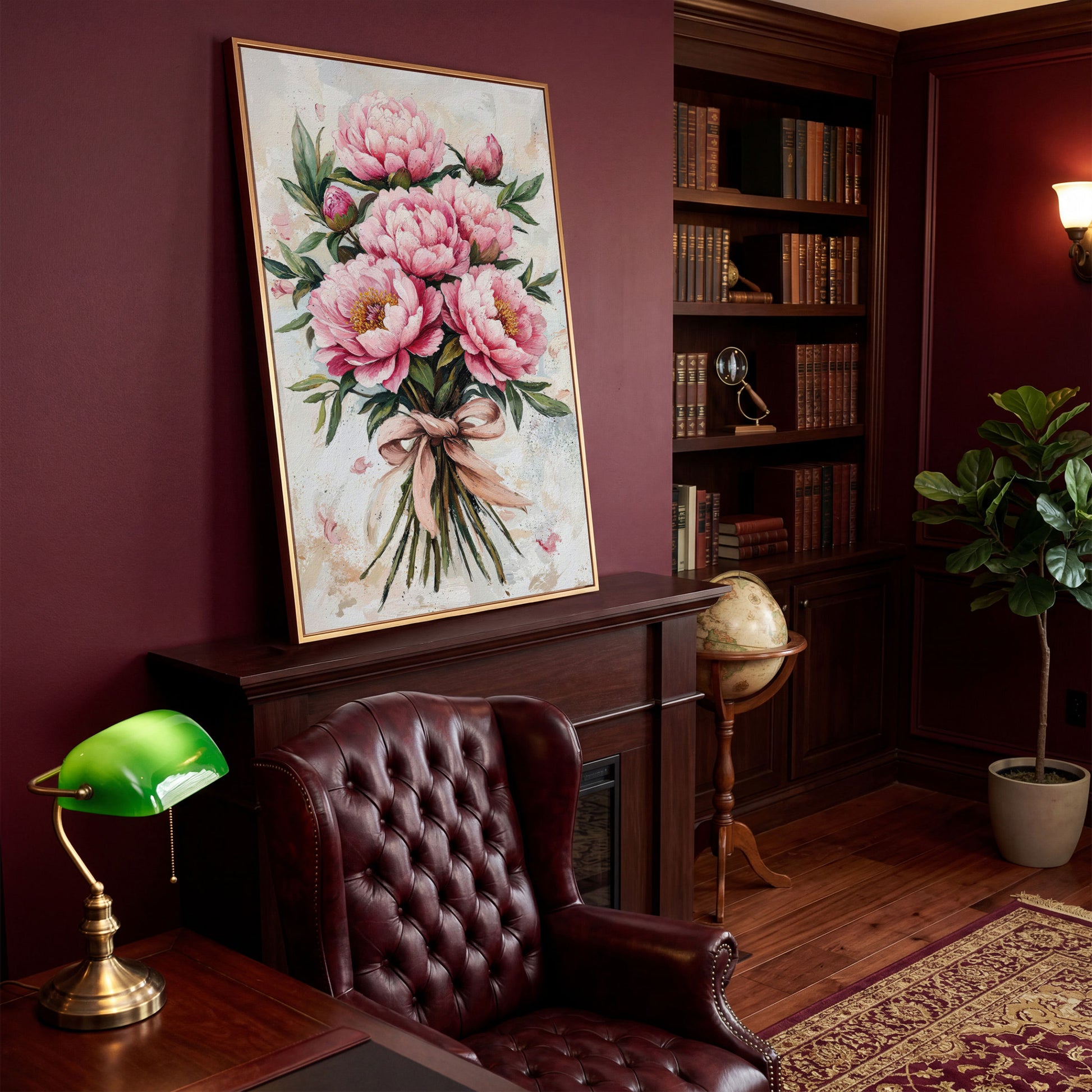 Pink Peony Bouquet Canvas in antique gold floating frame