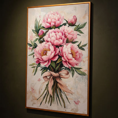 Pink Peony Bouquet Canvas shown in antique gold floating frame