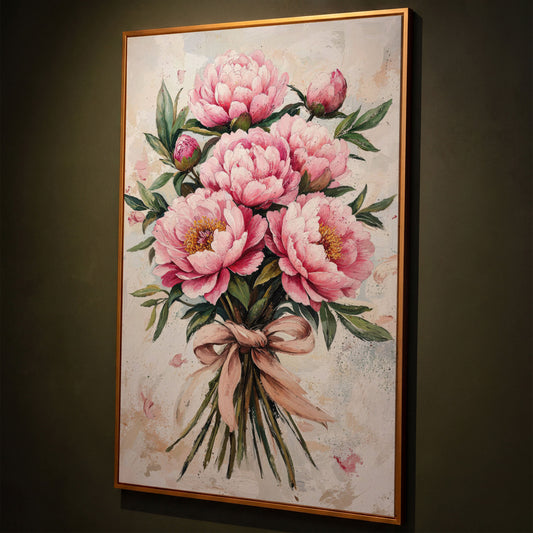 Pink Peony Bouquet Canvas shown in antique gold floating frame