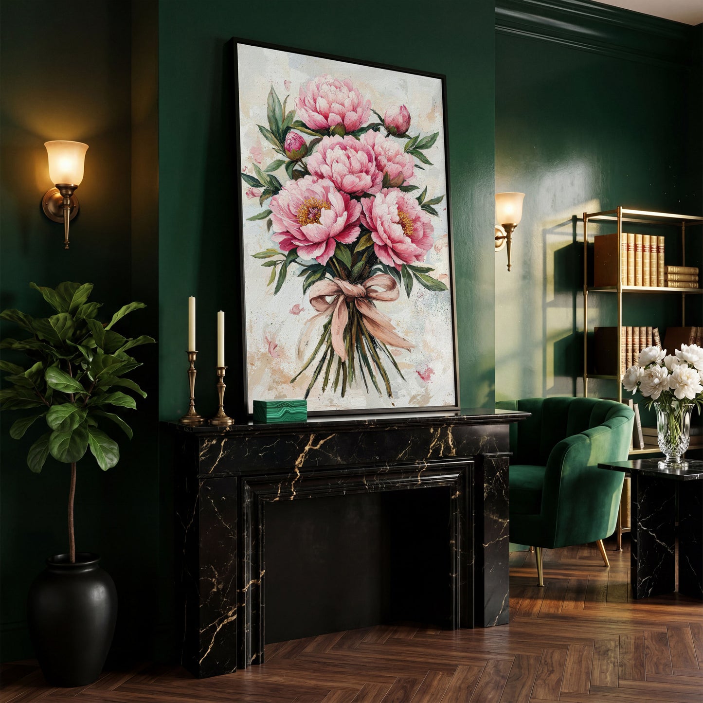 Pink Peony Bouquet Canvas in black floating frame