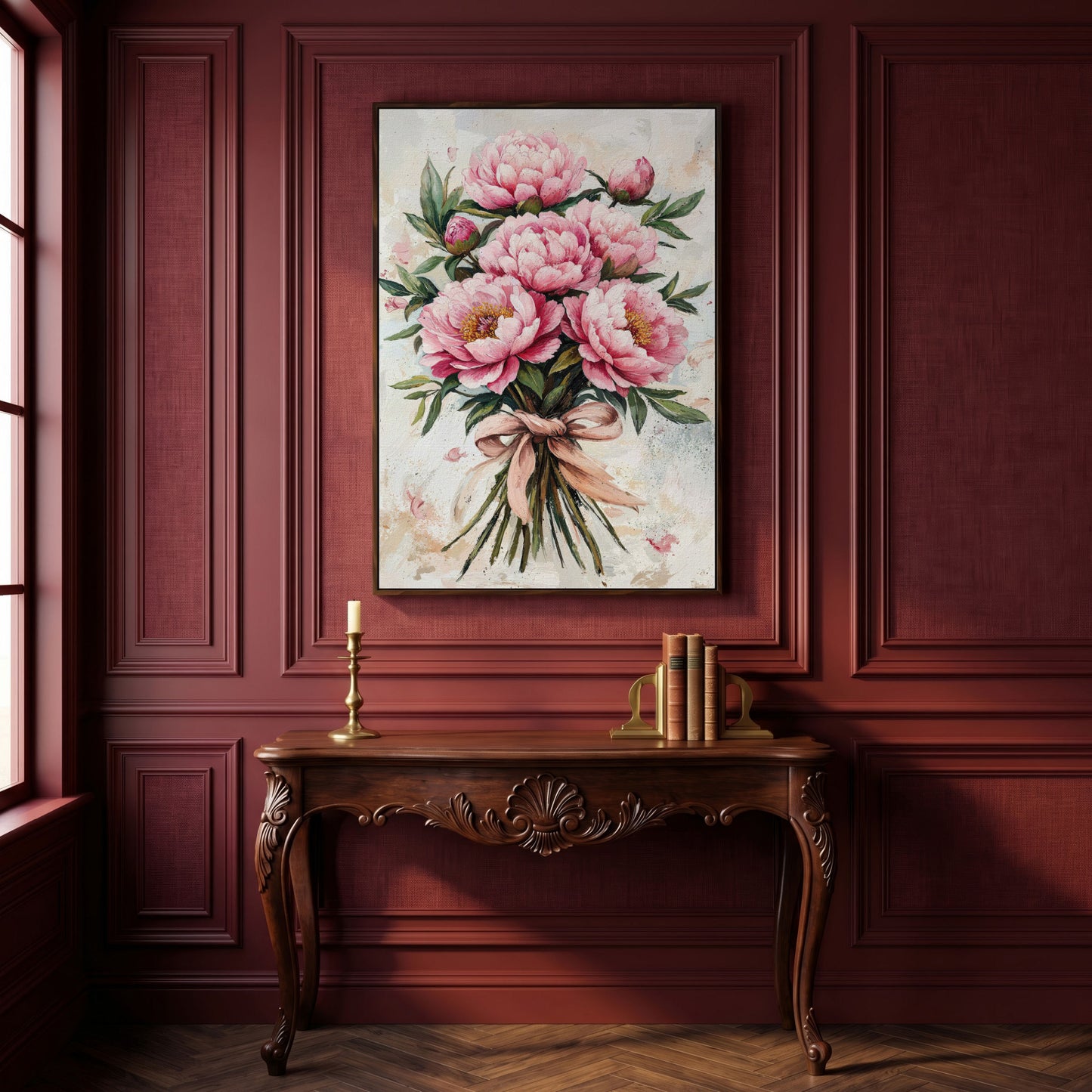 Pink Peony Bouquet Canvas in dark walnut floating frame