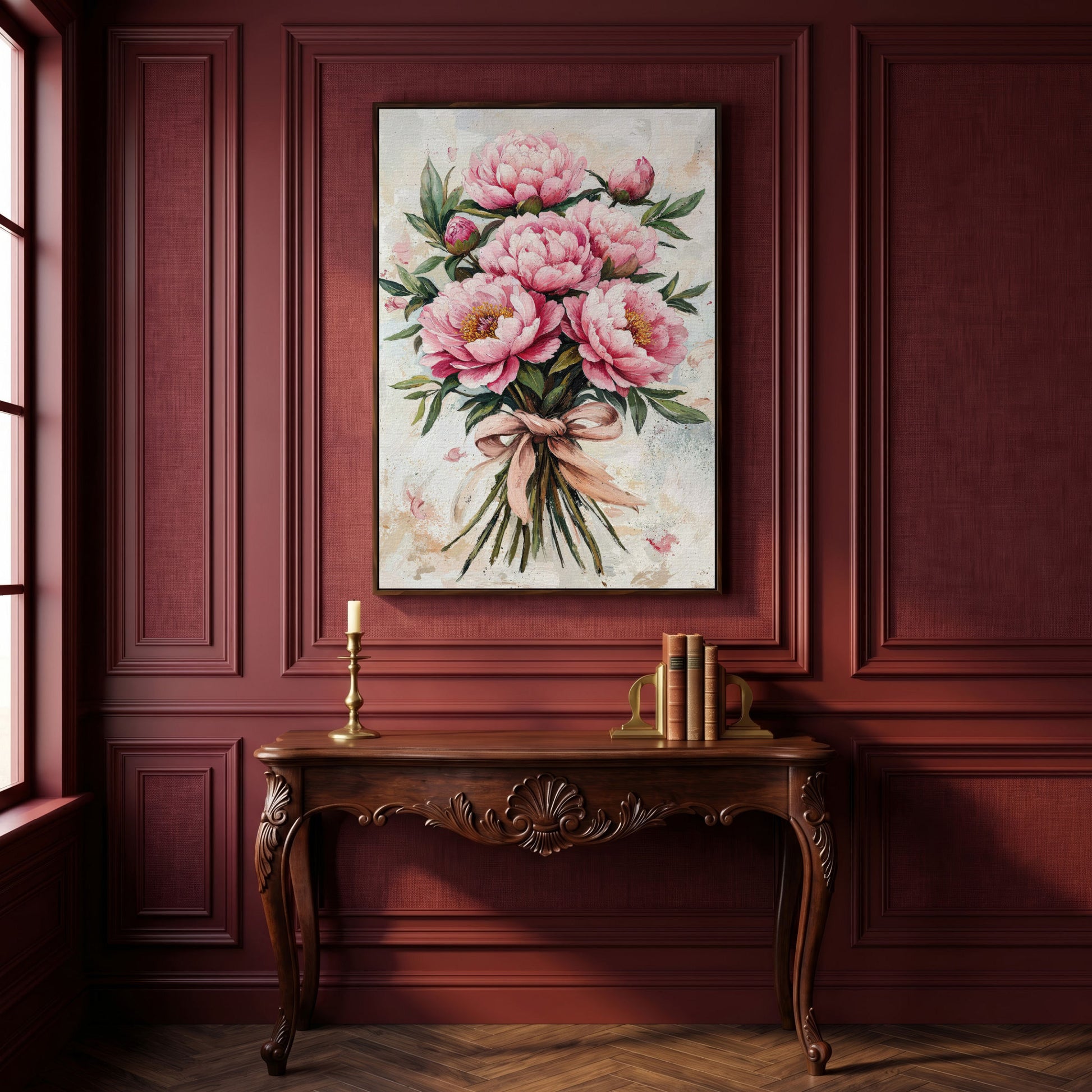 Pink Peony Bouquet Canvas in dark walnut floating frame