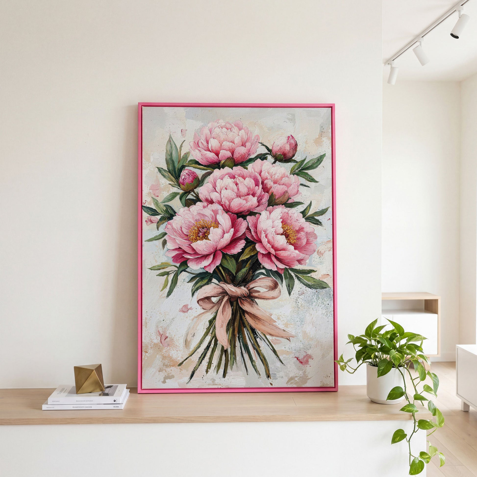 Pink Peony Bouquet Canvas in pink floating frame