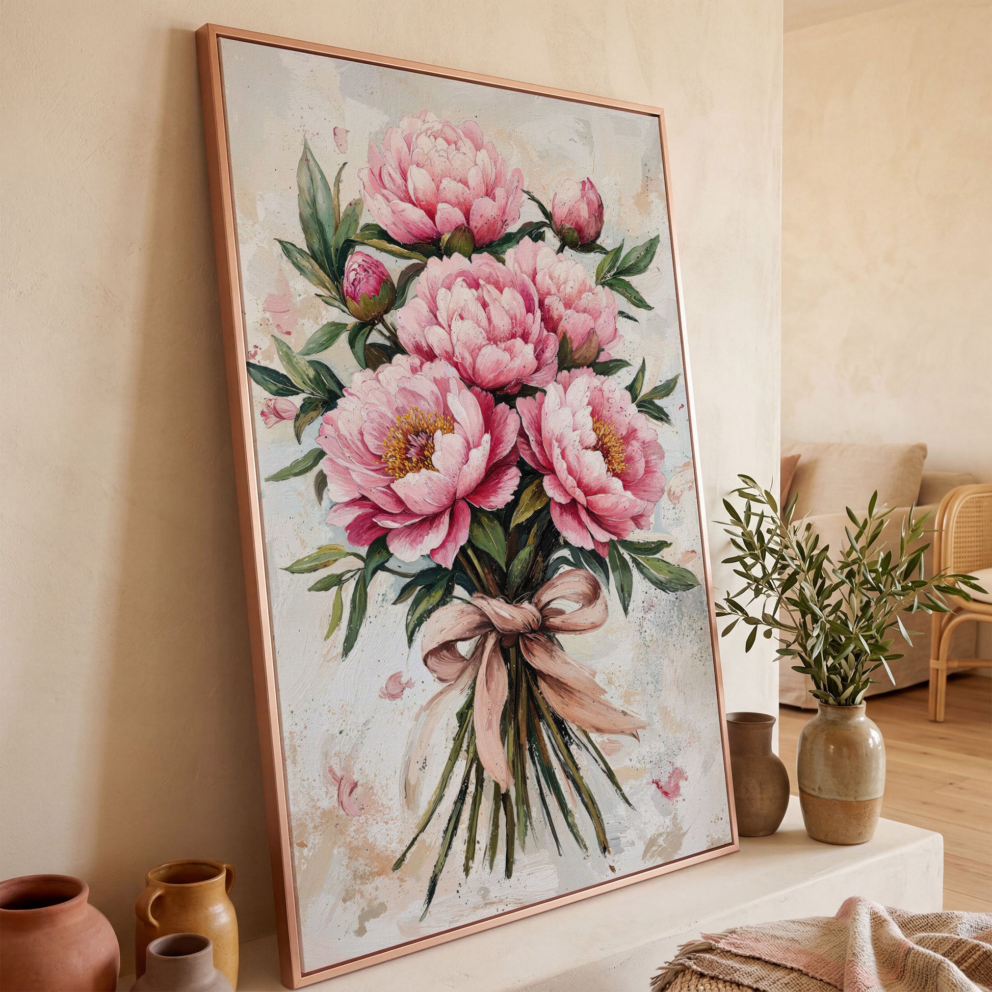 Pink Peony Bouquet Canvas in rose gold floating frame