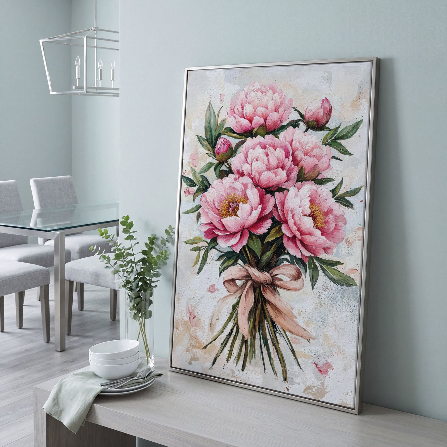 Pink Peony Bouquet Canvas in silver floating frame