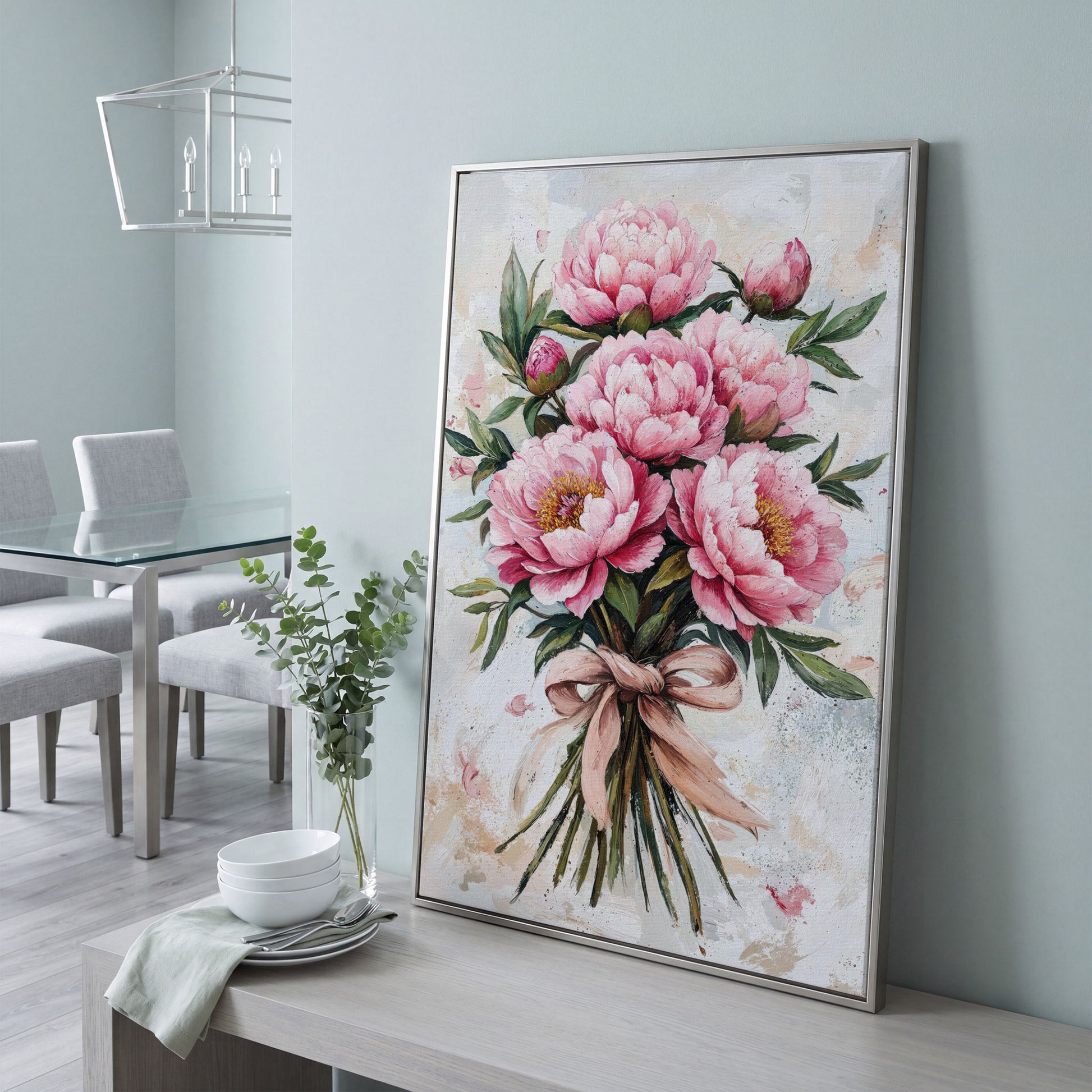 Pink Peony Bouquet Canvas in silver floating frame