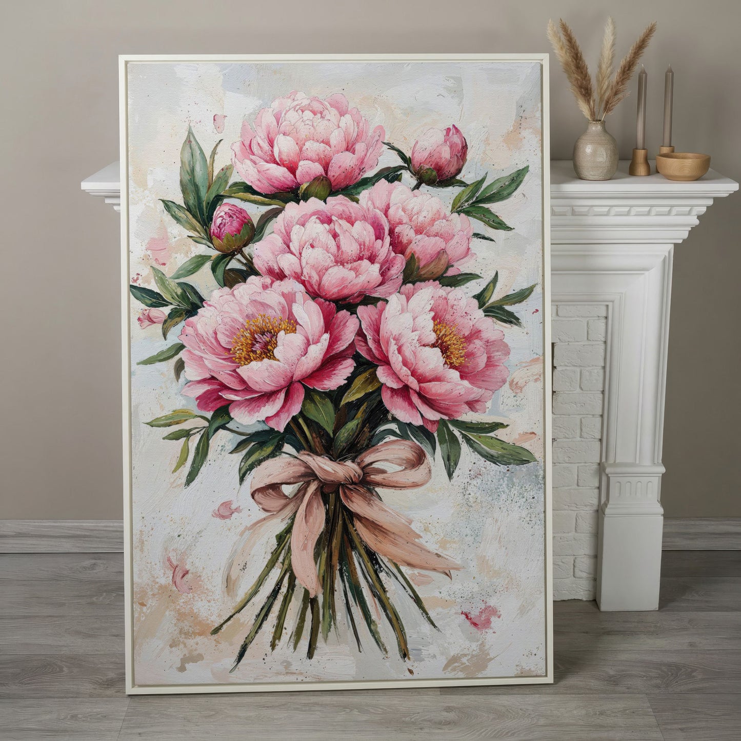 Pink Peony Bouquet Canvas in white floating frame