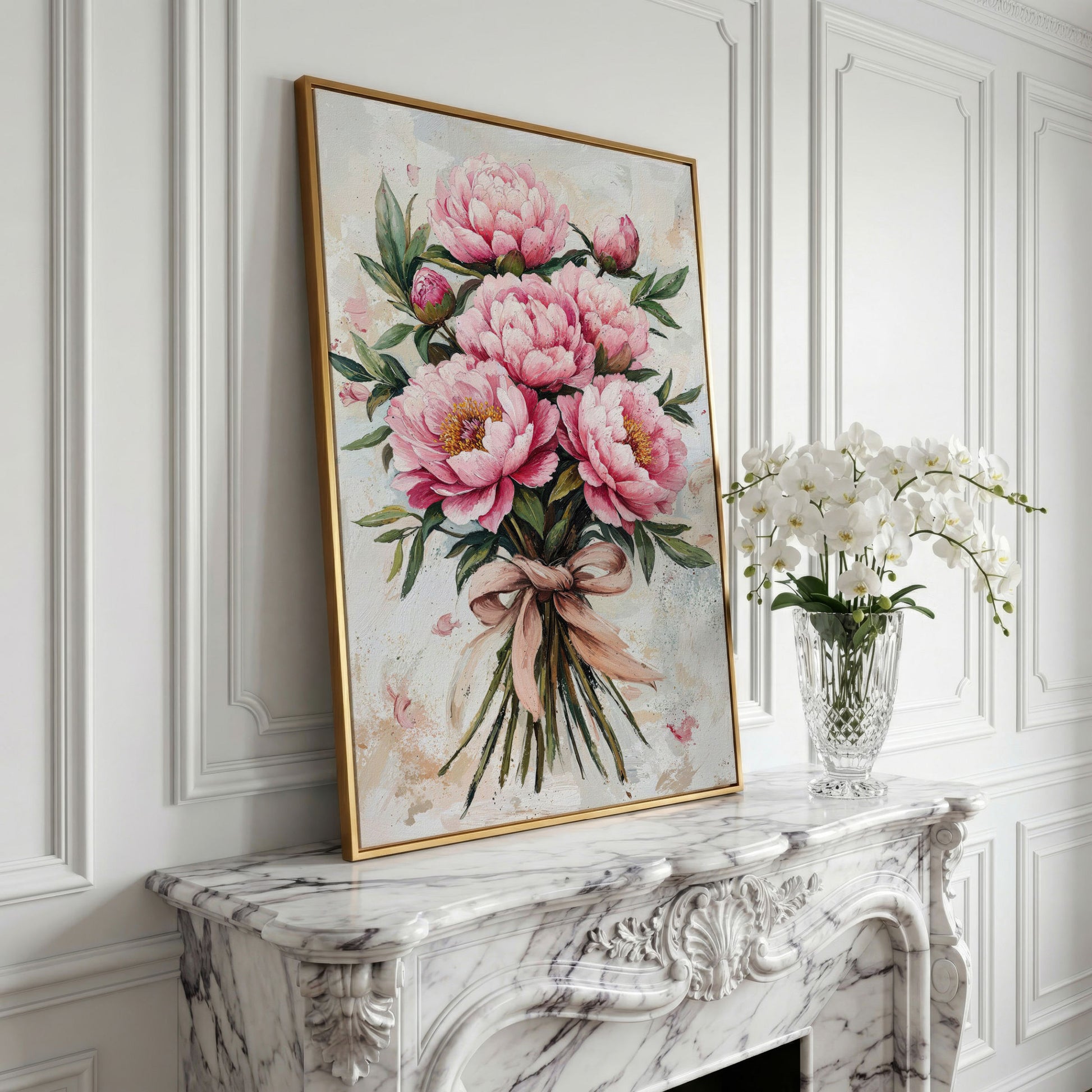 Pink Peony Bouquet Canvas in yellow gold floating frame