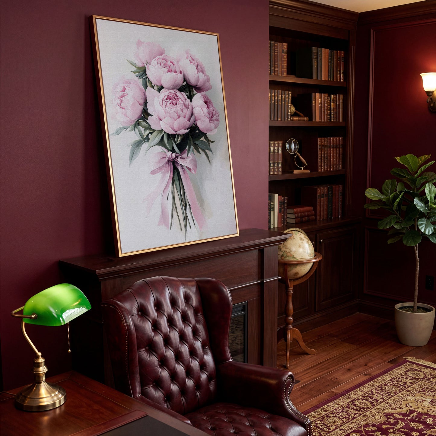 Pink Peony Bouquet Canvas Print with Pale Ribbon Detail in antique gold floating frame